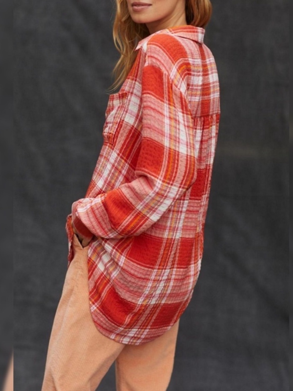 Anthropologie Pilcro Oversized Red Plaid Button-Up Shirt (Large) - Picture 2 of 6